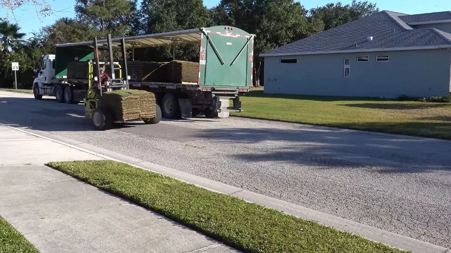 Fresh sod pallets delivered for a new lawn installation in Wesley Chapel, FL
